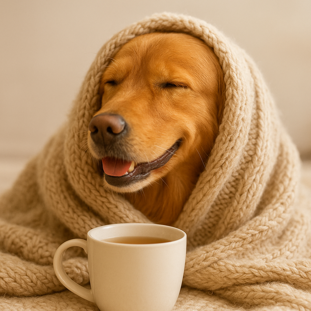Hund mit einer Tasse Tee